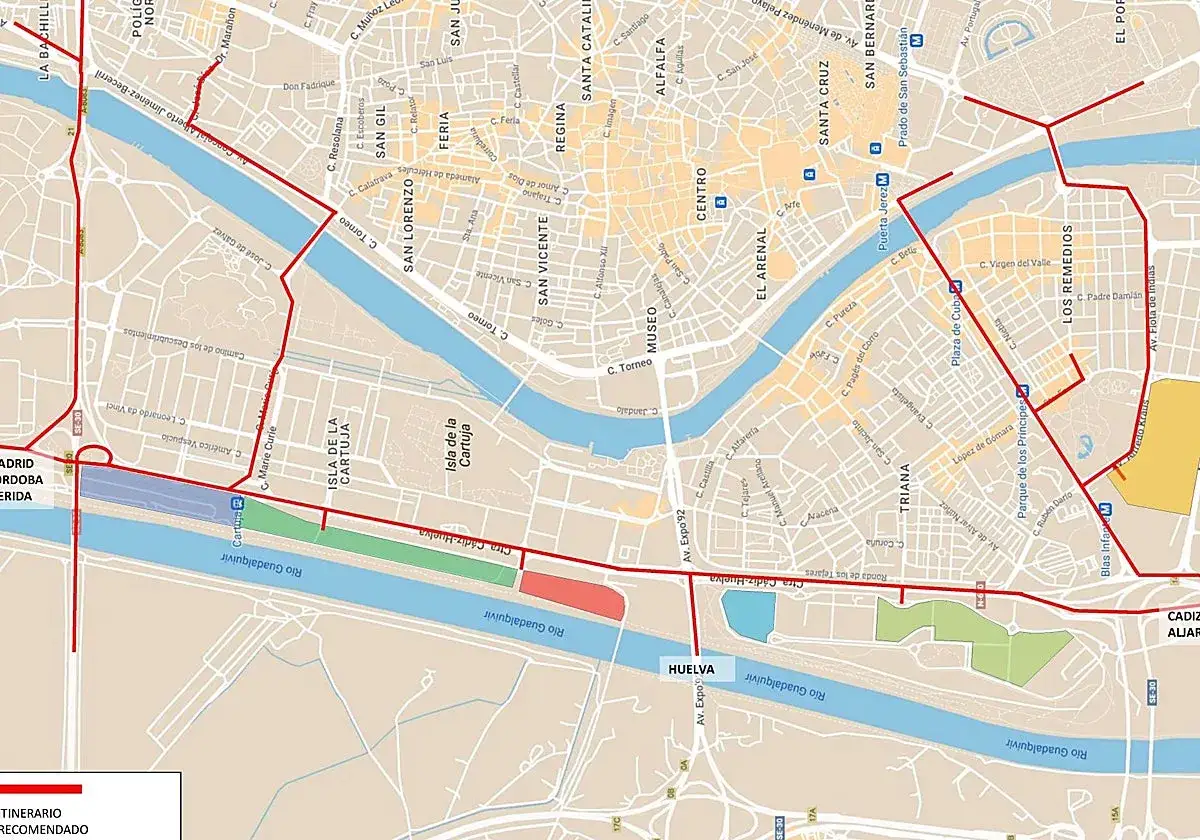 Mapa de Sevilla con ruta marcada. &iquest;Wo am besten parken in Sevilla? La ruta roja indica un itinerario recomendado, ideal para planificar tu visita y encontrar aparcamiento.
