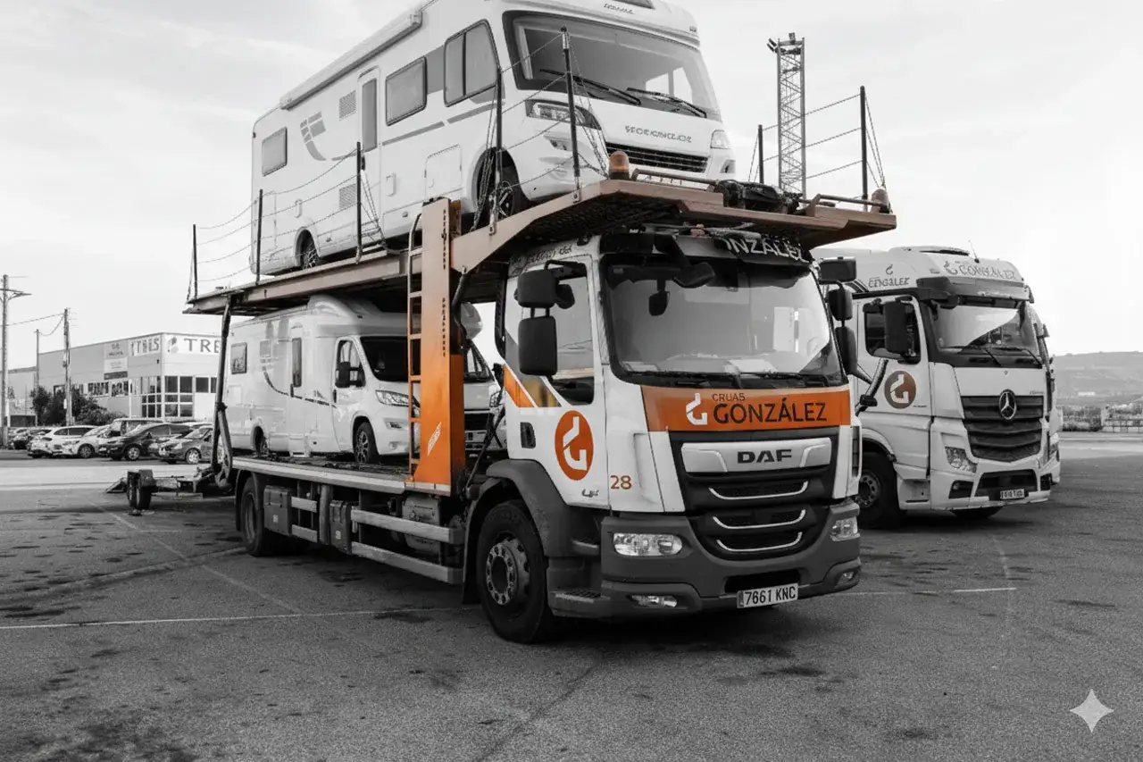 Cami&oacute;n transportador con dos caravanas apiladas, listo para el transporte.