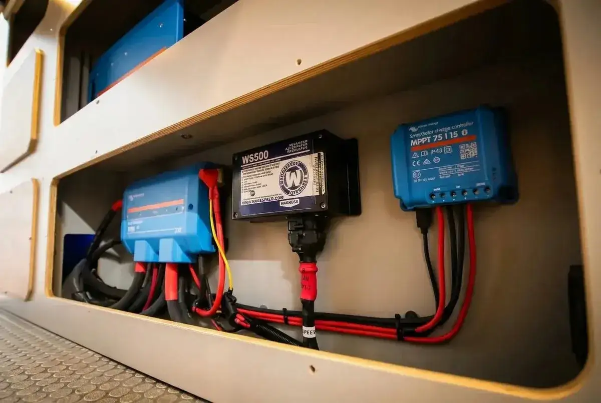 Tres reguladores de energ&iacute;a, uno negro y dos azules, conectados con cables rojos y negros. Uno de los azules es un regulador solar MPPT.