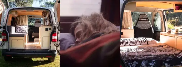 Persona durmiendo plácidamente en una furgoneta sin camperizar, lista para la aventura.