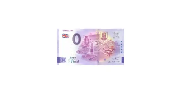 Billete de Gibraltar "Zero Pound" con imágenes del Peñón, monos, delfines y faro. Pregunta si se puede pagar con euros en Gibraltar.
