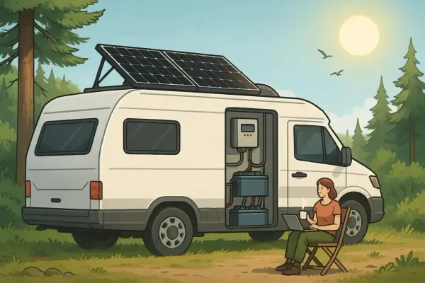 Furgoneta camper con placas solares en el techo y sistema eléctrico visible. Una mujer trabaja en su portátil, disfrutando del sol, un ejemplo de energía positivo y negativo placa solar.