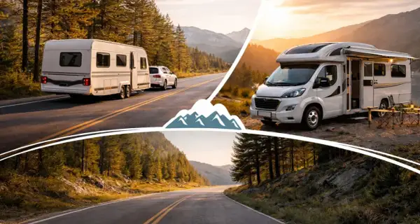 Dos vehículos vivienda, una caravana y una autocaravana, disfrutan de paisajes montañosos al atardecer.