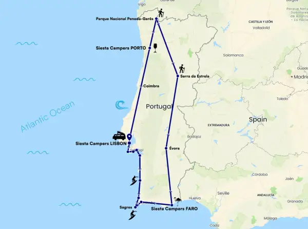 Mapa de una ruta en autocaravana por Portugal, visitando Oporto, Lisboa, Faro y el Parque Nacional Peneda-Gerês.