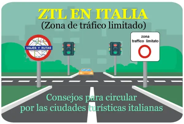 Señal de tráfico de zona limitada en Italia con semáforos y un coche.