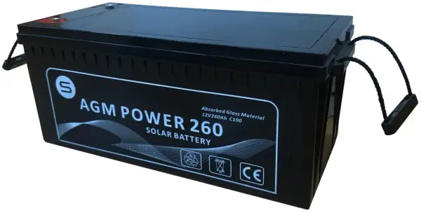 Batería AGM Power 260, 12V 260Ah C100, ideal para energía solar. Es una batería de gel, con asas para fácil transporte.