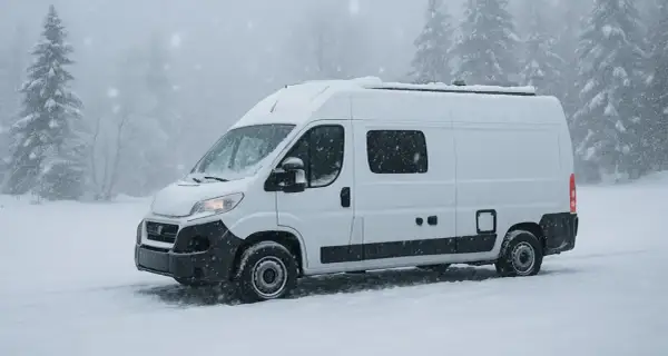 Furgoneta blanca en la nieve. Un deshumidificador sirve para mantener seco el interior, ideal para viajes en climas húmedos o fríos.