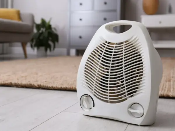 Calefactor blanco en modo ventilador, ideal para saber cuanto consume un calefactor en modo ventilador y mantener tu hogar confortable.
