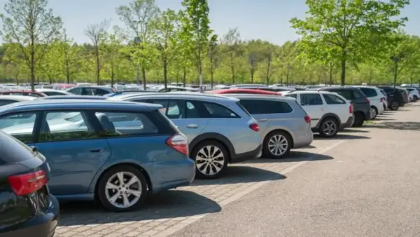 Amplio estacionamiento con coches alineados bajo árboles verdes. Ideal para saber dónde parcheggiare a Granada sin estrés.