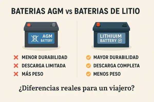 Comparativa de tipos de baterías solares: AGM (menor durabilidad, descarga limitada, más peso) vs Litio (mayor durabilidad, descarga completa, menos peso).